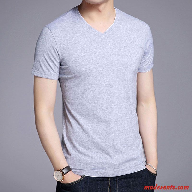 T-shirt Homme Courte Chemise En Bas Été Tendance Slim Pure Bleu Blanc