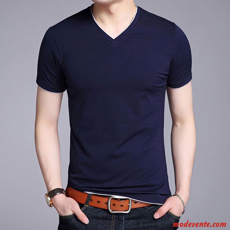 T-shirt Homme Courte Chemise En Bas Été Tendance Slim Pure Bleu Blanc