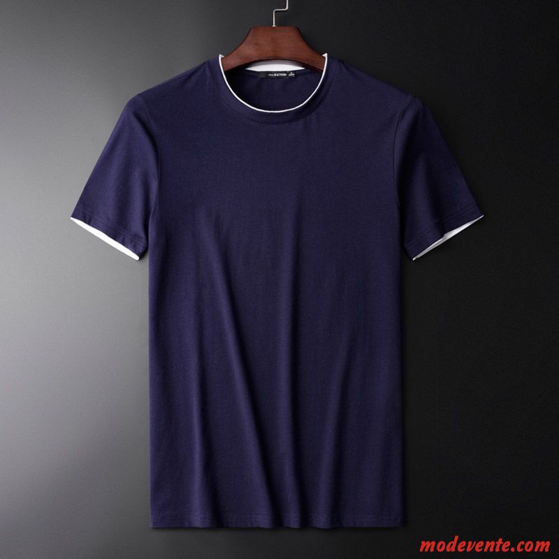 T-shirt Homme Courte Chemise En Bas Été Tendance Slim Pure Bleu Blanc