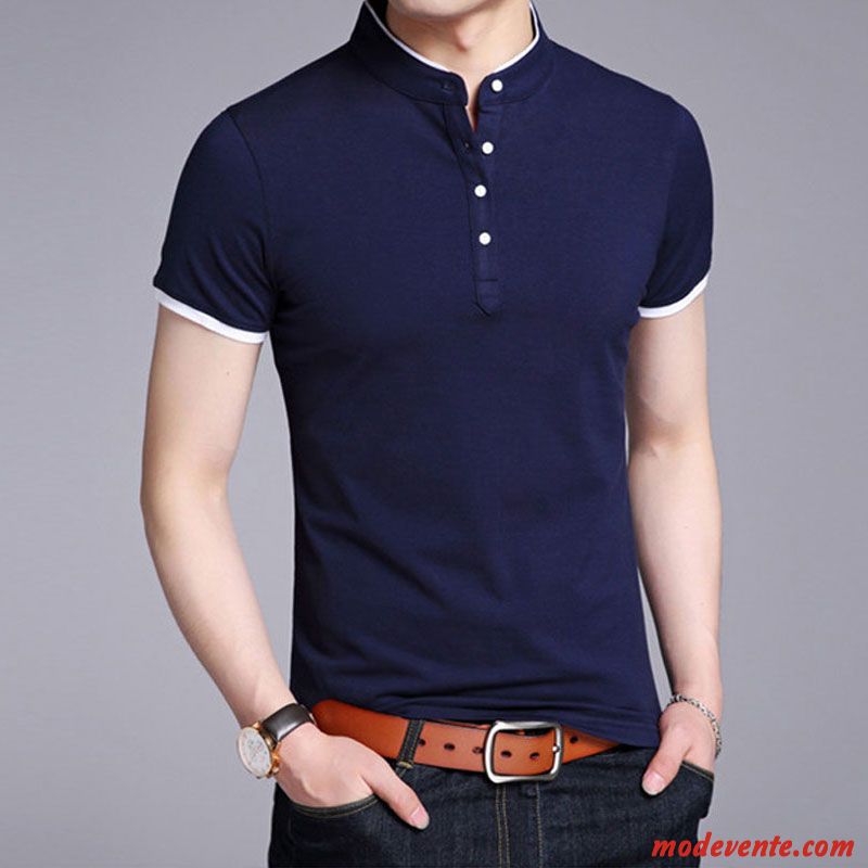 T-shirt Homme Courte Chemise En Bas Été Tendance Slim Pure Bleu Blanc