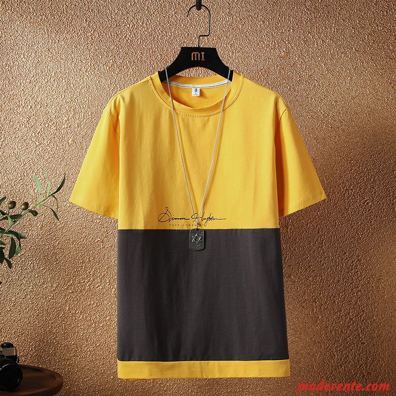 T-shirt Homme Courte Une Veste Épissure Lettre Marque De Tendance Été Couleur De Contraste Jaune