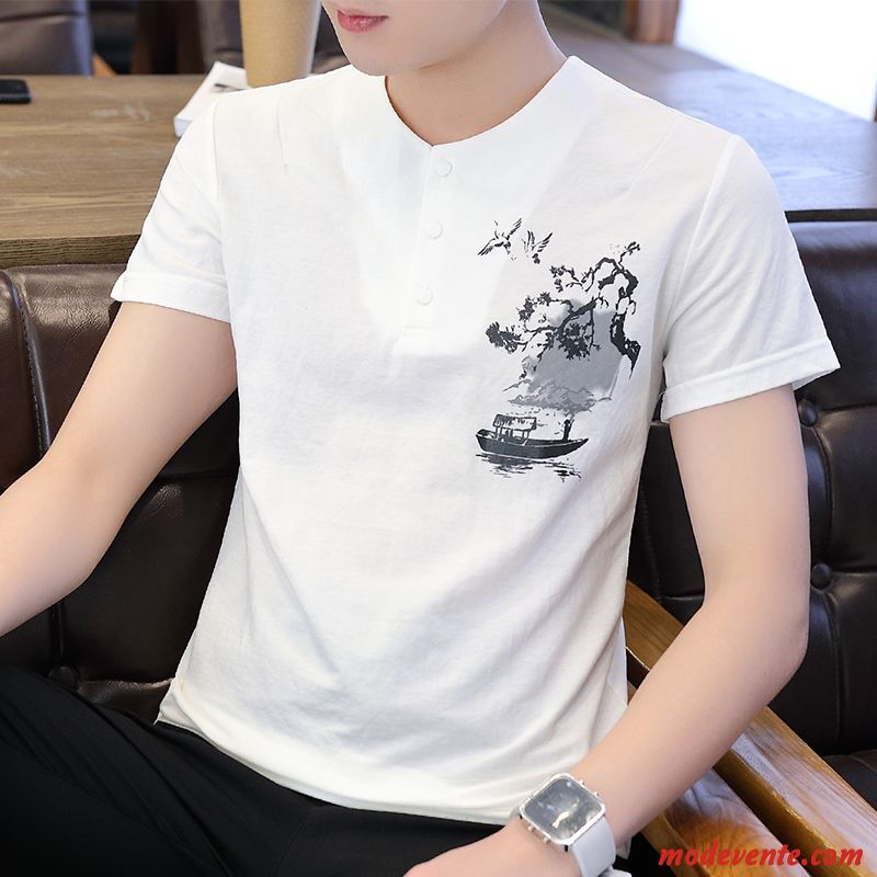 T-shirt Homme Leggings Rétro Courte Style Chinois Lin Tendance Blanc