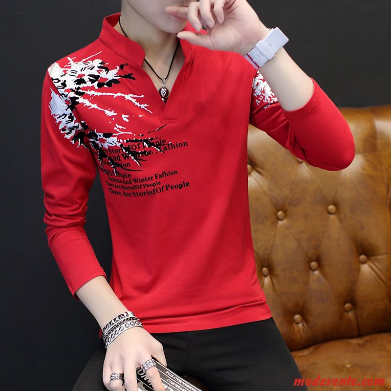 T-shirt Homme Printemps L'automne T-shirt Long Slim Col Mandarin Chemise En Bas Rouge