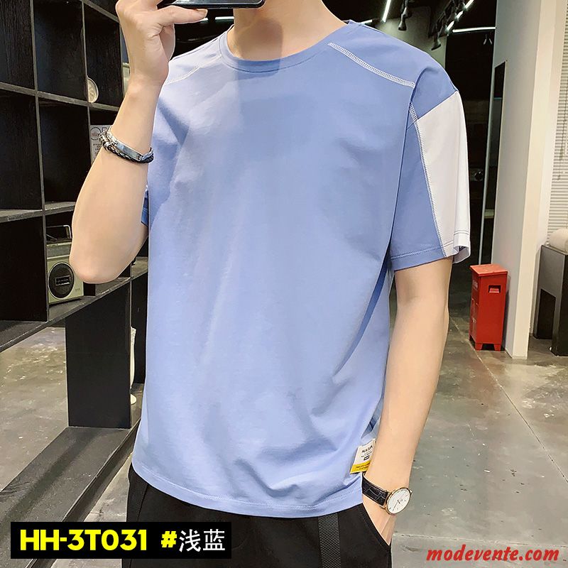 T-shirt Homme Tendance Chemise En Bas Col Rond Été Manche Baggy Couleur De Contraste Bleu