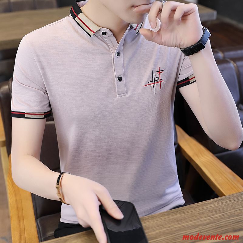 T-shirt Homme Été Polo Tendance Courte Personnalité Revers Roulé Bordeaux