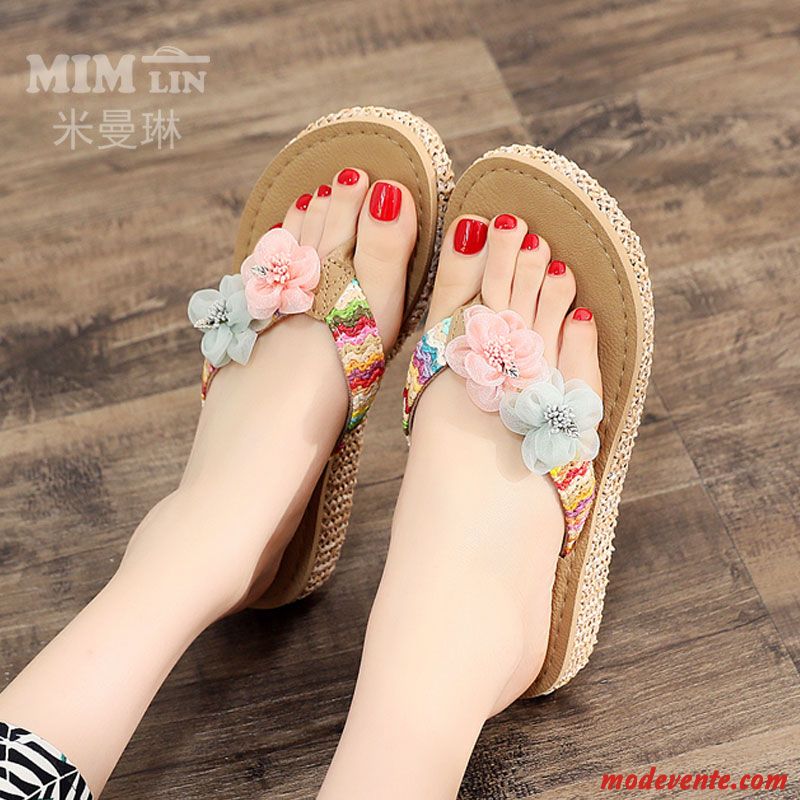 Tongs Femme Plage Semelle Épaisse Tongs Chaussons Vacances Été Talon Moyen Rose Vert