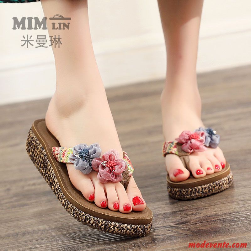 Tongs Femme Plage Semelle Épaisse Tongs Chaussons Vacances Été Talon Moyen Rose Vert