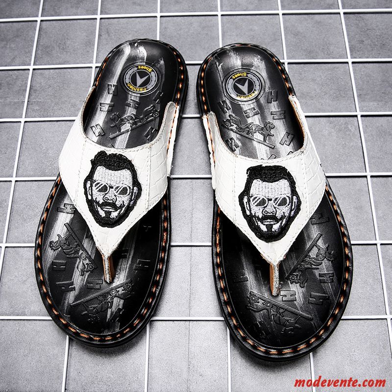 Tongs Homme Tendance Personnalité Été Tongs Chaussons Cuir Véritable Sandales Noir
