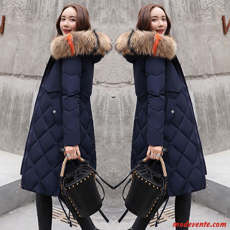 Veste En Coton Femme Hiver Longue Mince Grand Col De Fourrure Manteau Vêtements Matelassé Bleu