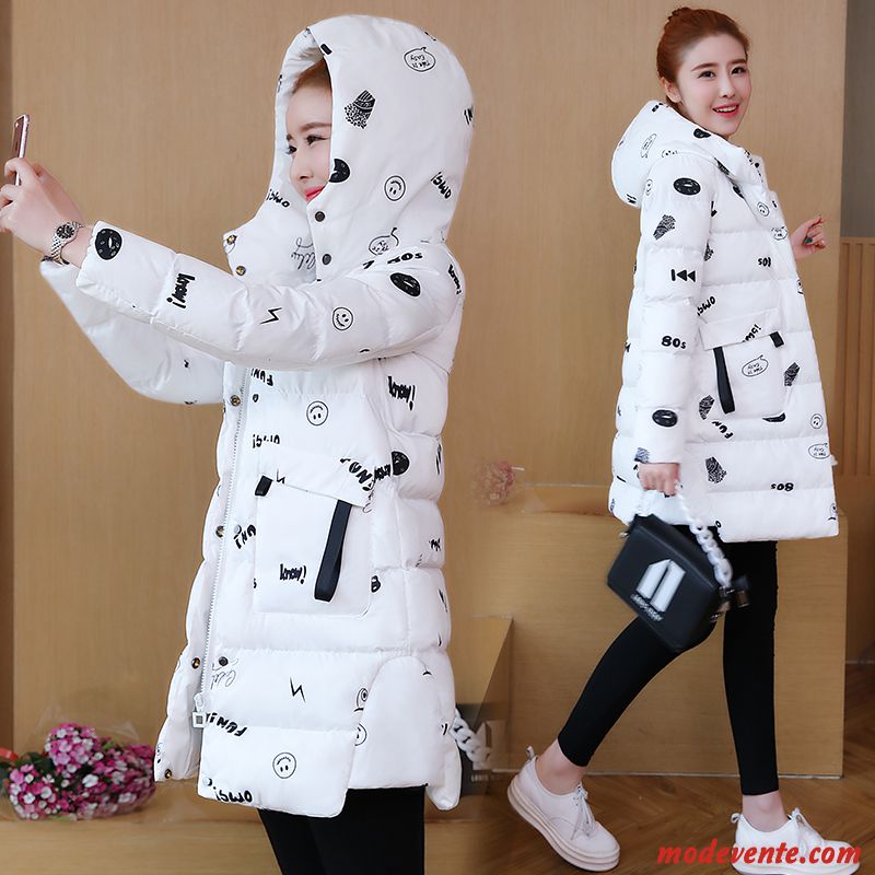 Veste En Coton Femme Matelassée Vêtements D'hiver Capuche Vêtements Matelassé Mince Épaissir Impression Blanc