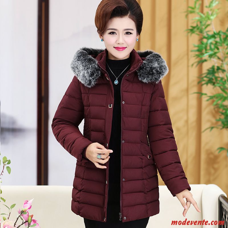 Veste En Coton Femme Matelassée Vêtements D'hiver Maman Longue Manteau Épaissir Bordeaux