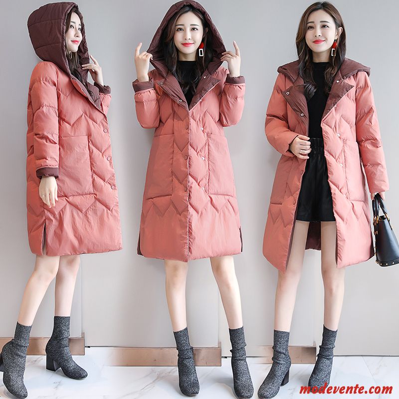 Veste En Coton Femme Épaissir Vêtements Matelassé Longue Épissure Vêtements D'hiver Couleur De Contraste Rose