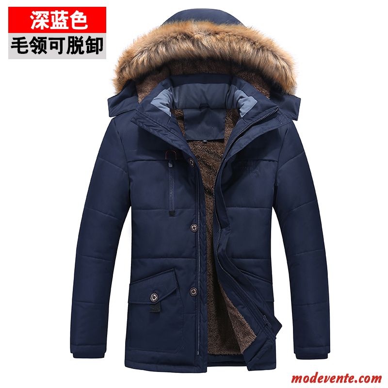 Veste En Coton Homme Longue Épaissir Matelassée Plus De Velours Hiver Vêtements Matelassé Bleu