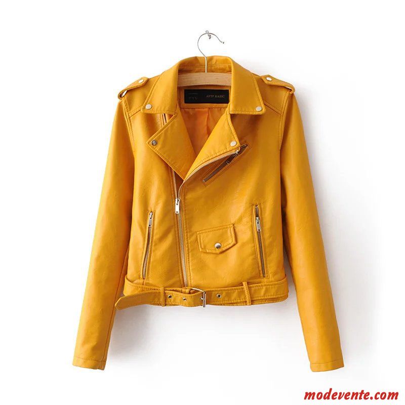 Veste En Cuir Femme Court Vêtements Moto Printemps Pu Delavé Manteau Jaune