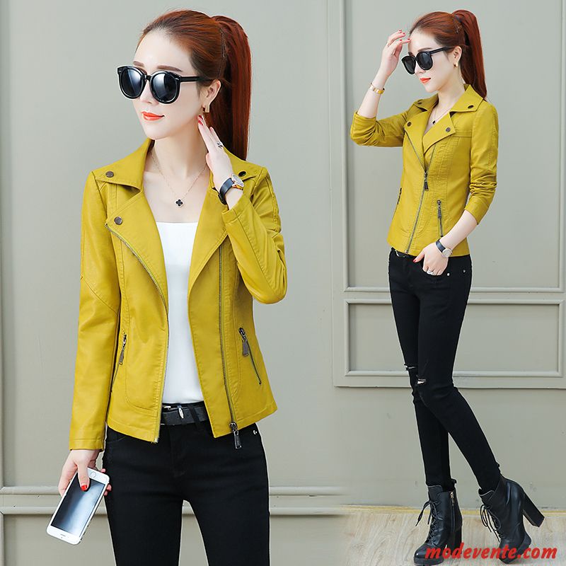 Veste En Cuir Femme L'automne Printemps Dame Court Tendance Manteau Jaune