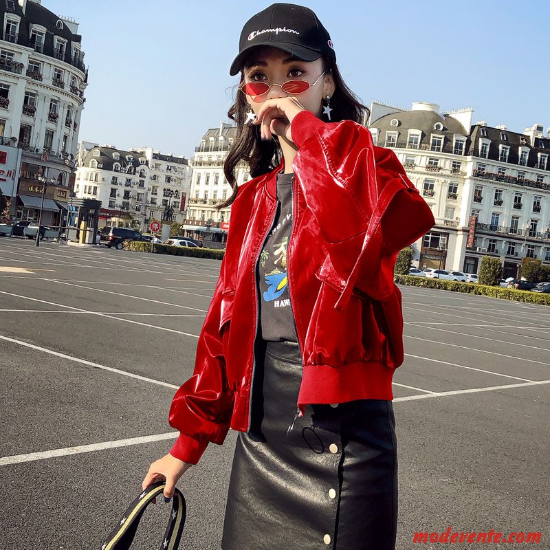 Veste En Cuir Femme Manche Col Mandarin Tendance Courte Vêtements De Baseball Manteau Vert
