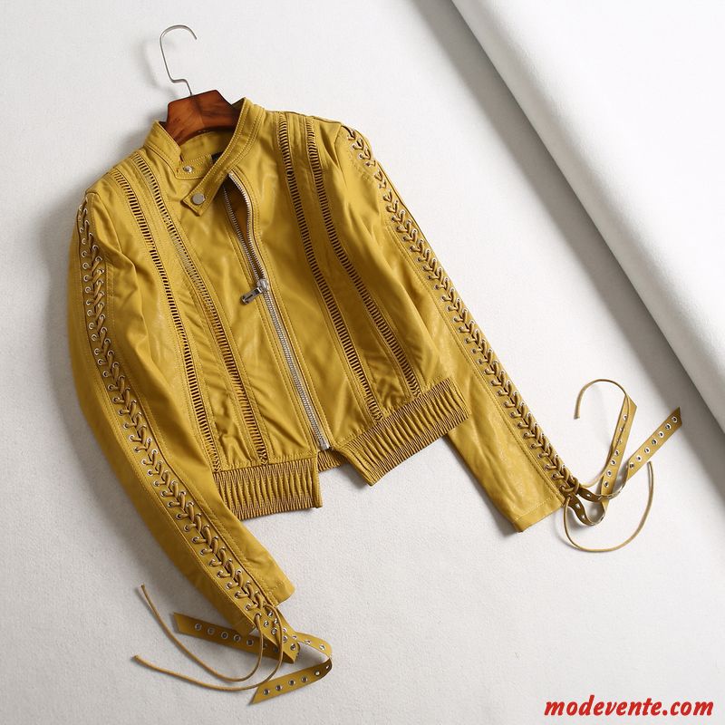 Veste En Cuir Femme Mince Pompon L'automne Creux Guipure Manteau Une Veste Jaune