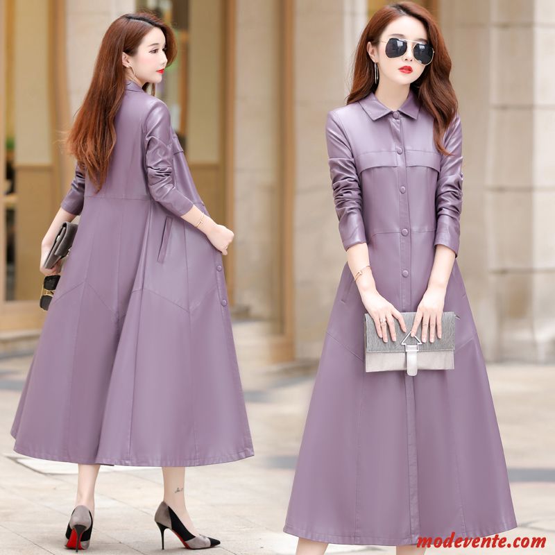 Veste En Cuir Femme Mode Élégant Longue Vestes En Cuir Mince Slim Violet