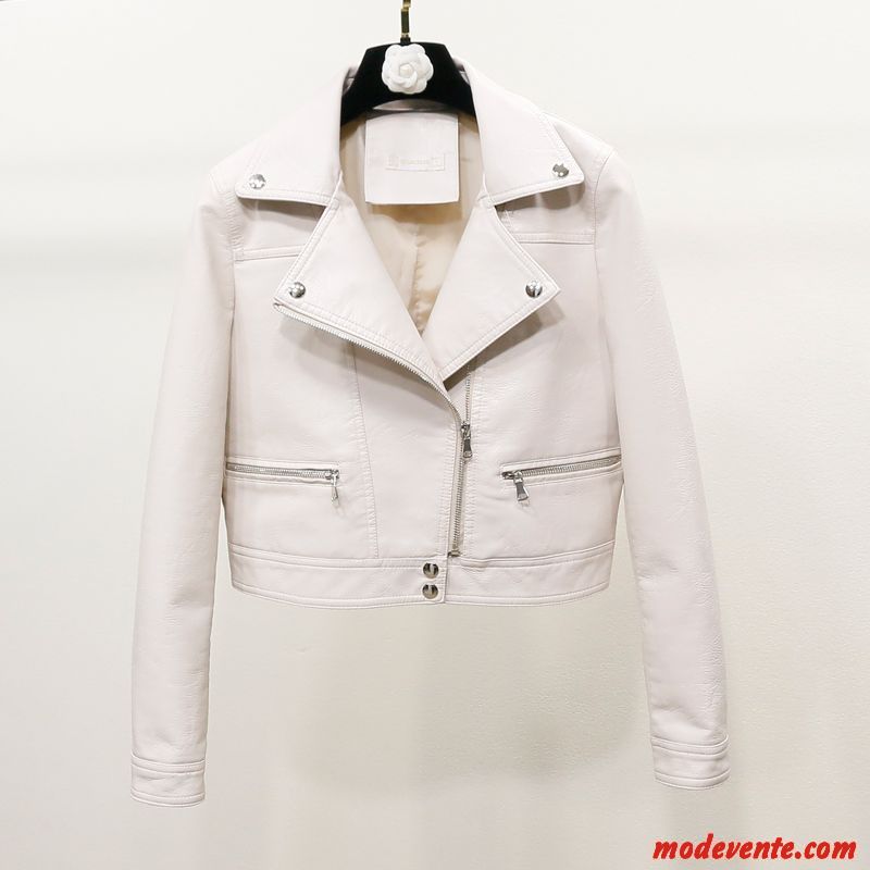 Veste En Cuir Femme Printemps Vestes En Cuir Beau Slim Haute Cintrée Manteau Blanc