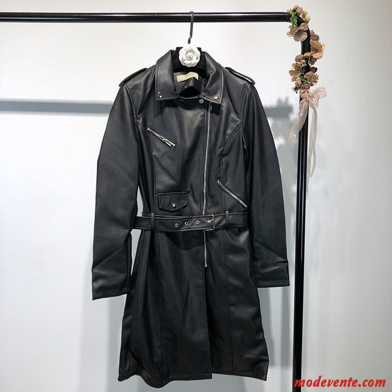 Veste En Cuir Femme Revers Roulé Coupe Vent Mince Manteau Vêtements Moto Nervurées Noir