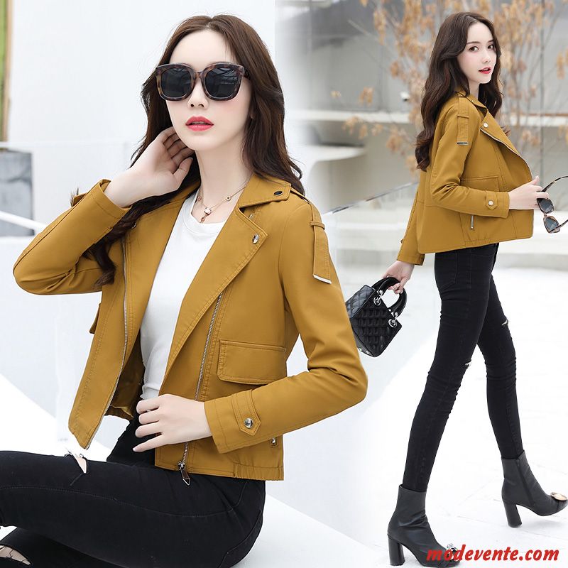 Veste En Cuir Femme Tempérament Revers Roulé Tendance Simple L'automne Mode Pure Jaune