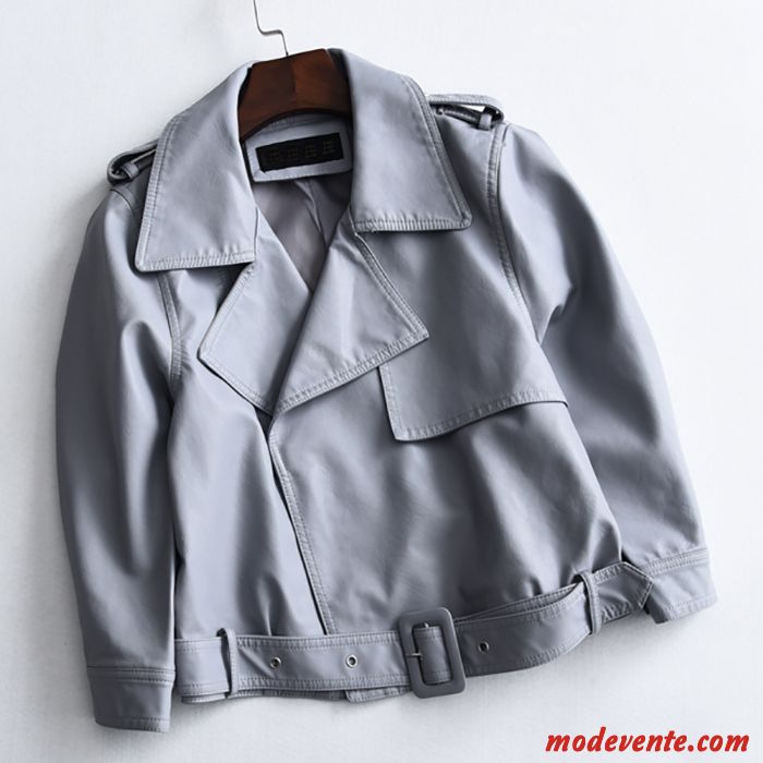 Veste En Cuir Femme Vestes En Cuir Baggy Mince Manteau Vêtements Moto Court Gris