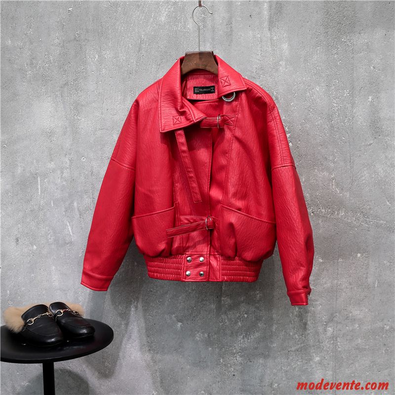 Veste En Cuir Femme Étudiant Baggy Court Tendance Manteau Pu Rouge