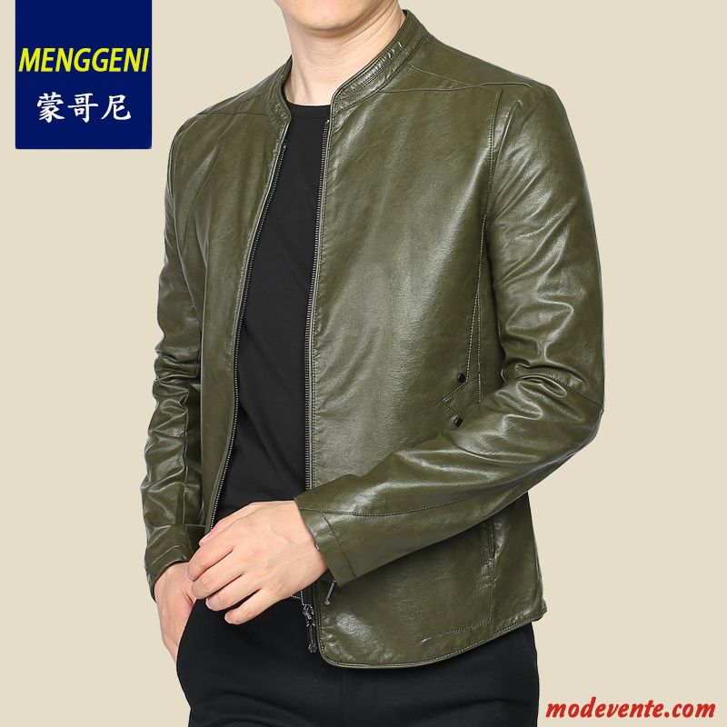 Veste En Cuir Homme Col Mandarin Manteau Mince Slim Tendance L'automne Vert