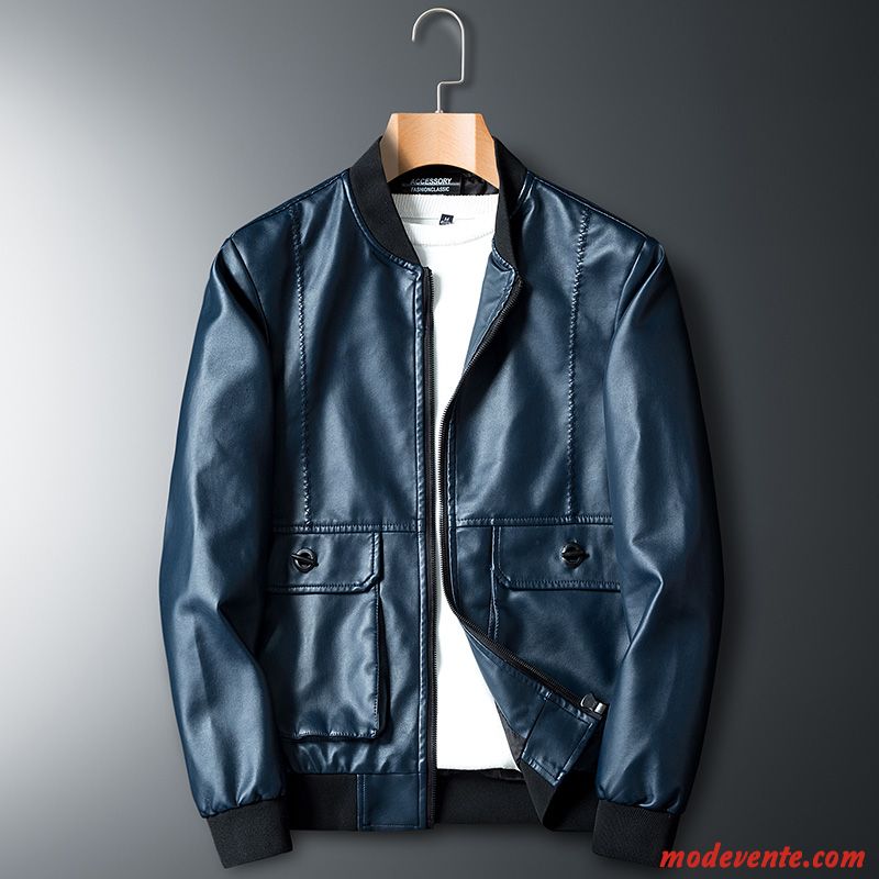 Veste En Cuir Homme Court Printemps Manteau L'automne Jeunesse Vestes En Cuir Bleu