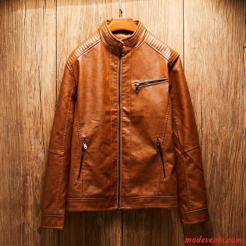 Veste En Cuir Homme L'automne Jeunesse Delavé Vêtements Moto Tendance Col Mandarin