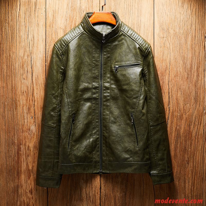 Veste En Cuir Homme L'automne Jeunesse Delavé Vêtements Moto Tendance Col Mandarin