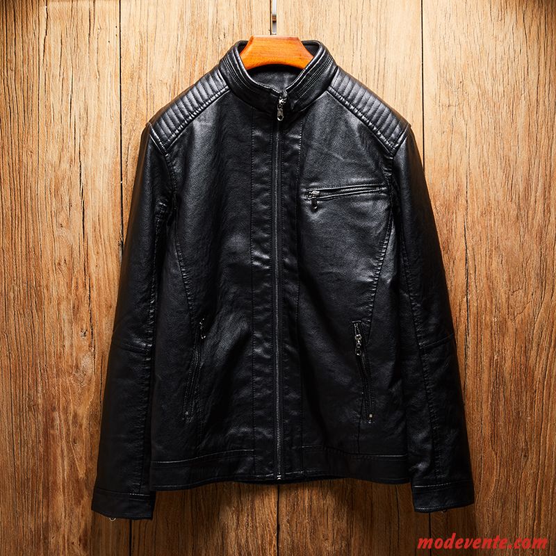 Veste En Cuir Homme L'automne Jeunesse Delavé Vêtements Moto Tendance Col Mandarin