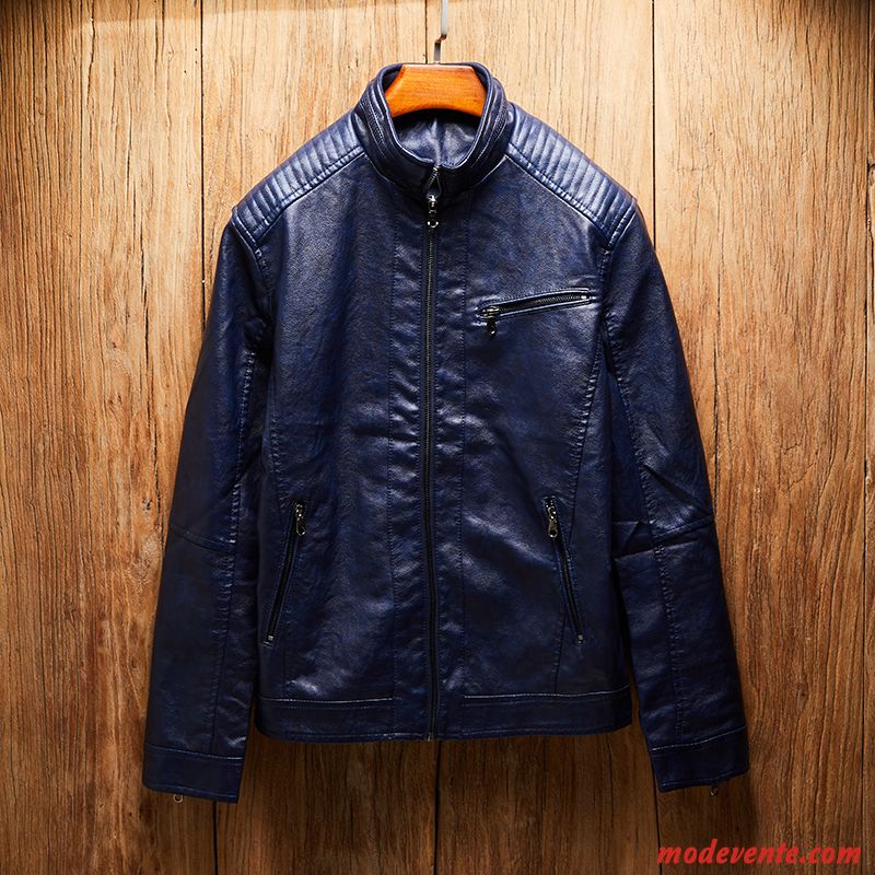 Veste En Cuir Homme L'automne Jeunesse Delavé Vêtements Moto Tendance Col Mandarin