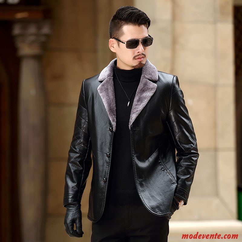 Veste En Cuir Homme Manteau Hiver Vestes En Cuir Cuir Véritable Costume Peau De Mouton Noir