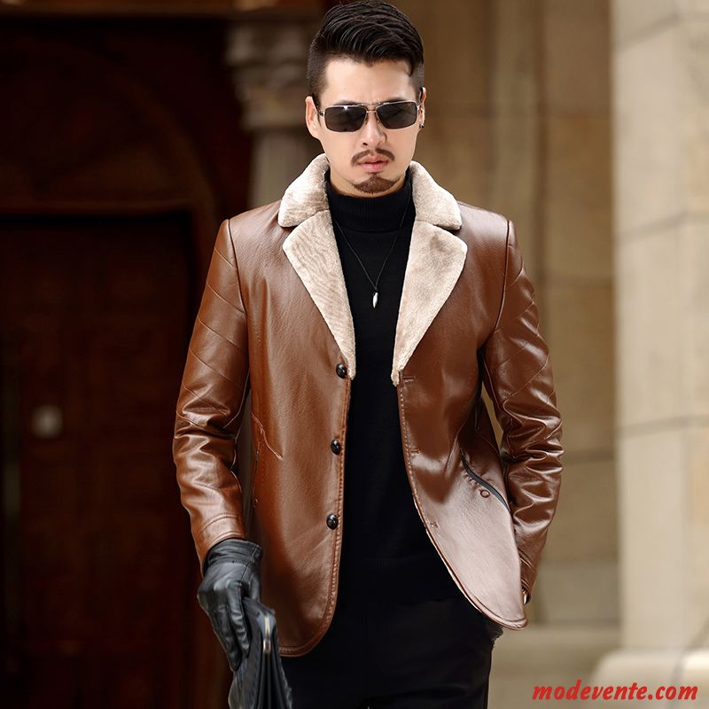 Veste En Cuir Homme Manteau Hiver Vestes En Cuir Cuir Véritable Costume Peau De Mouton Noir