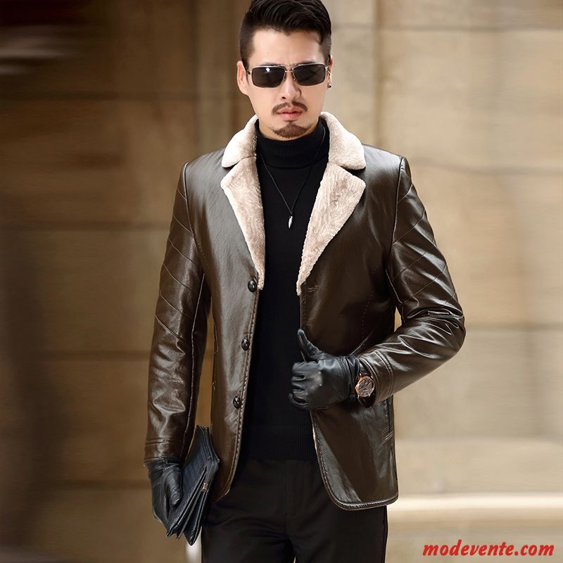 Veste En Cuir Homme Manteau Hiver Vestes En Cuir Cuir Véritable Costume Peau De Mouton Noir