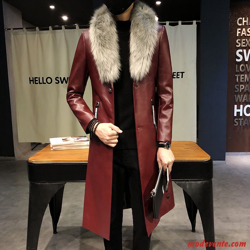 Veste En Cuir Homme Manteau Longue Coupe Vent Parka Vestes En Cuir Beau Rouge