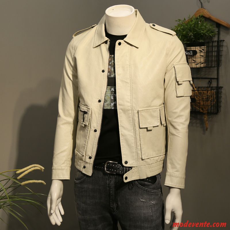 Veste En Cuir Homme Manteau Revers Roulé Tendance Beau Slim Vestes En Cuir Jaune