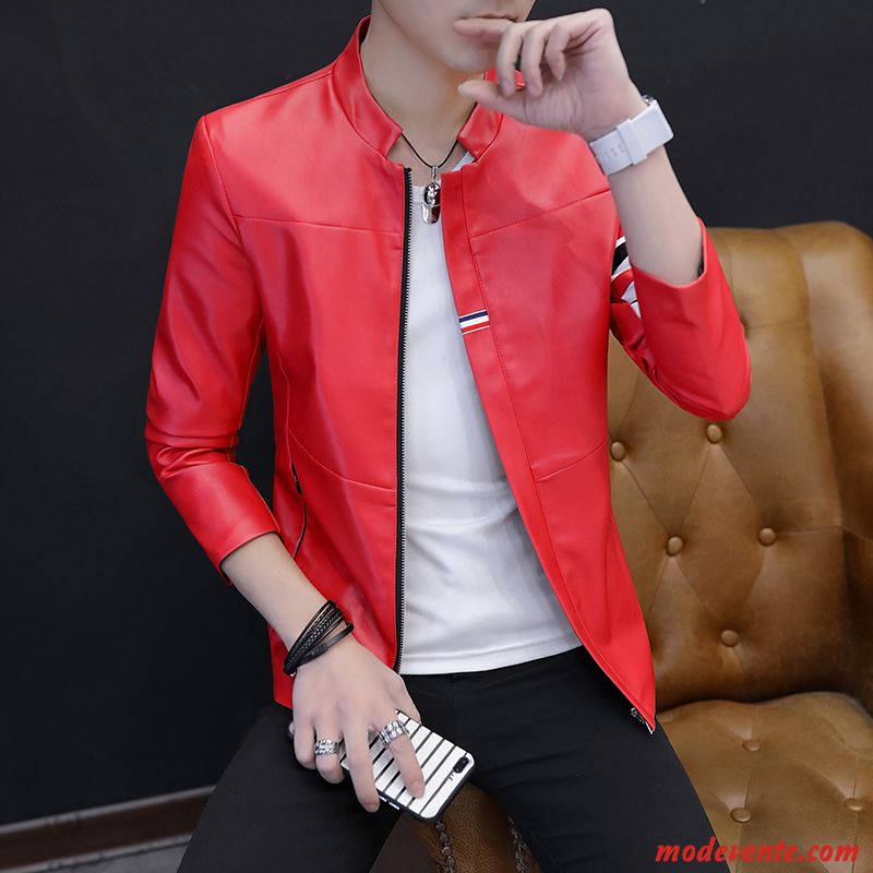 Veste En Cuir Homme Manteau Tendance Vestes En Cuir Vêtements Moto Jeunesse Légère Blanc Rouge