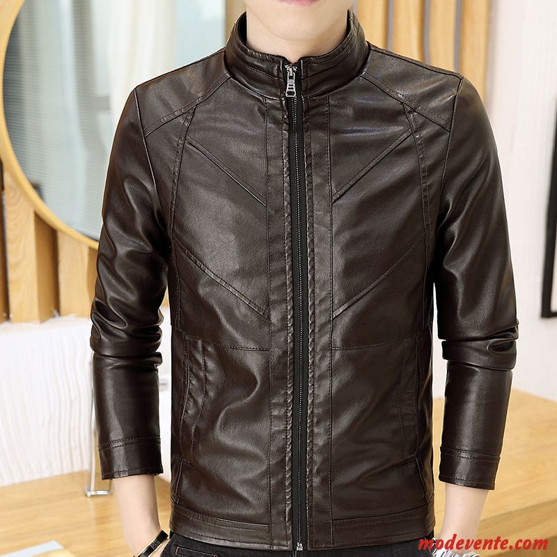 Veste En Cuir Homme Manteau Vestes En Cuir Col Mandarin Slim Les Adolescents Tendance Noir