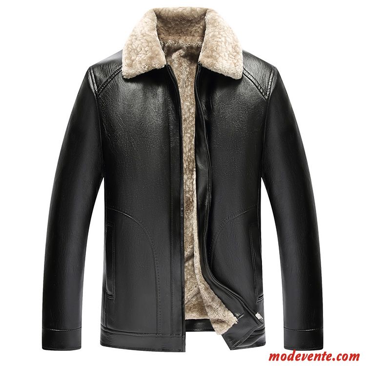 Veste En Cuir Homme Manteau Âge Moyen Fourrure Duvet Épaissir Chauds Hiver Brun