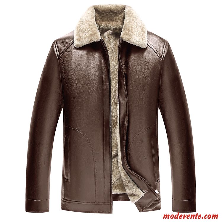 Veste En Cuir Homme Manteau Âge Moyen Fourrure Duvet Épaissir Chauds Hiver Brun