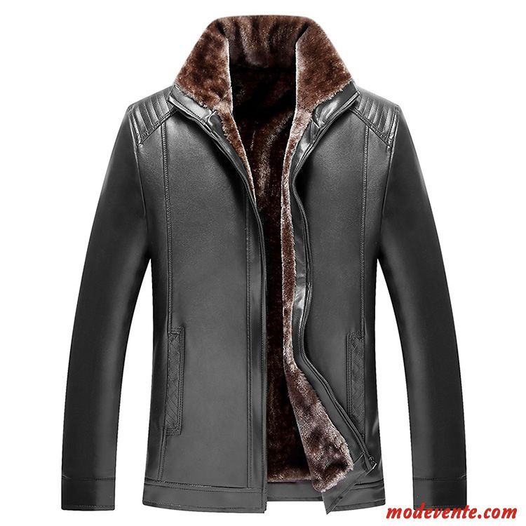 Veste En Cuir Homme Manteau Âge Moyen Fourrure Duvet Épaissir Chauds Hiver Brun