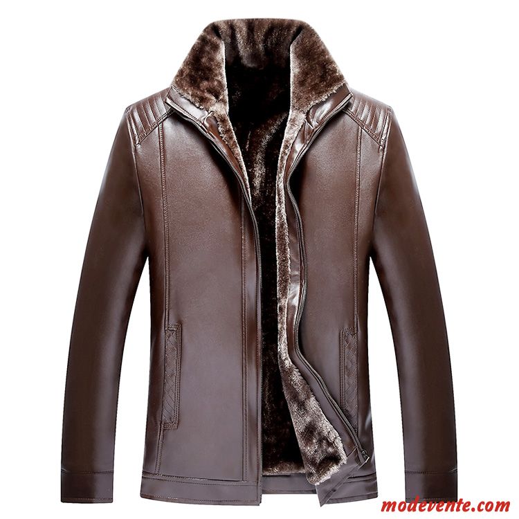 Veste En Cuir Homme Manteau Âge Moyen Fourrure Duvet Épaissir Chauds Hiver Brun