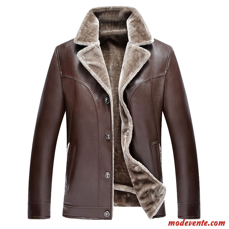 Veste En Cuir Homme Manteau Âge Moyen Fourrure Duvet Épaissir Chauds Hiver Brun