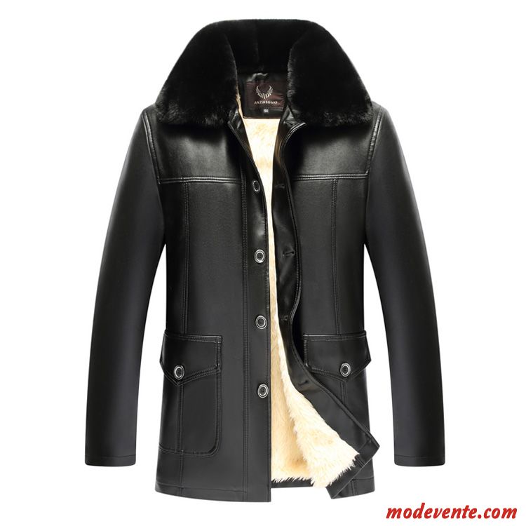 Veste En Cuir Homme Manteau Âge Moyen Fourrure Duvet Épaissir Chauds Hiver Brun