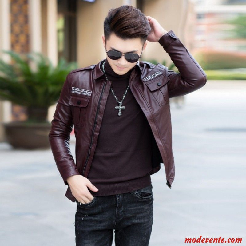 Veste En Cuir Homme Manteau Épaissir Chauds Vêtements Moto Tendance Légère Bordeaux