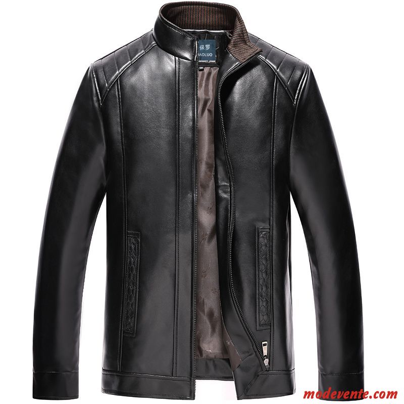 Veste En Cuir Homme Mince Col Mandarin Vêtements D'hiver Manteau L'automne Plus De Velours Noir