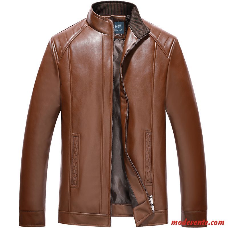 Veste En Cuir Homme Mince Col Mandarin Vêtements D'hiver Manteau L'automne Plus De Velours Noir