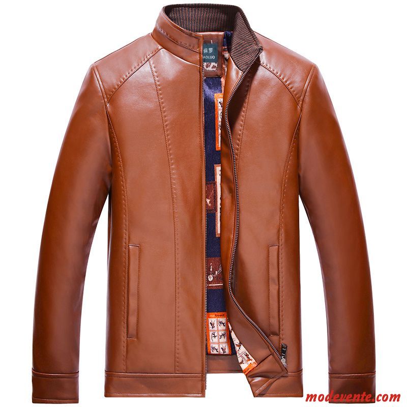 Veste En Cuir Homme Mince Col Mandarin Vêtements D'hiver Manteau L'automne Plus De Velours Noir